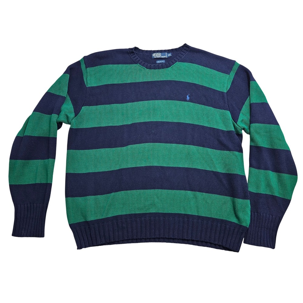 Polo Ralph Lauren Vintage Heavy Sweater Men XXL Navy Green Striped Cotton Knit *
